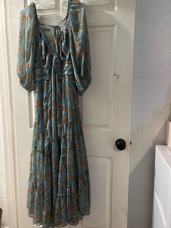 Free People Dresses & Skirts - Free People Dusty Blue Floral Maxi Dress with Puff Sleeves